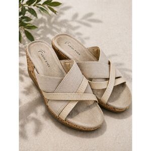 Wear.Ever Beige Platform Wedge Sandals Size 7 Cork Sole Comfort Slide Neutral